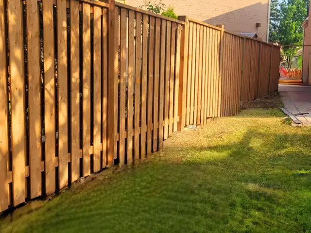 Pressure-treated shadowbox fence with a top rail and cap board